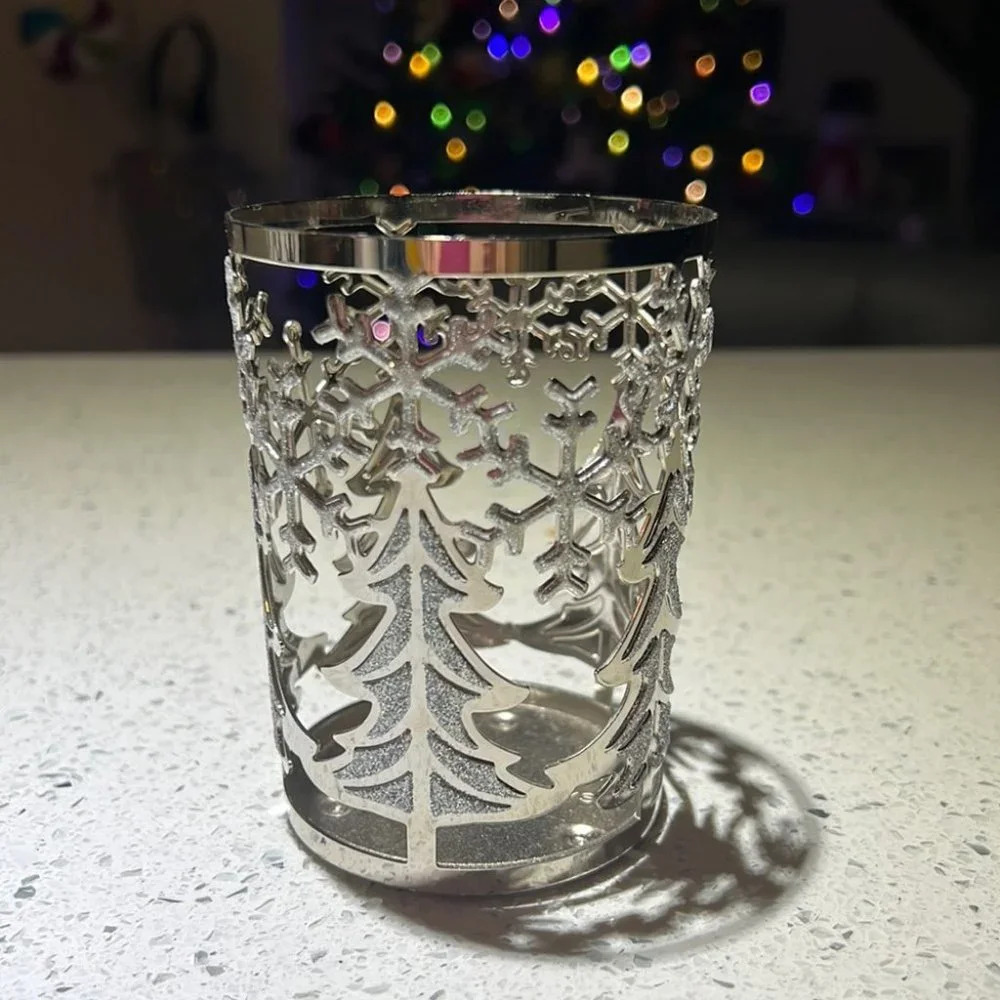 Bath & body works candle holder sparkly silver Christmas winter trees snowflakes